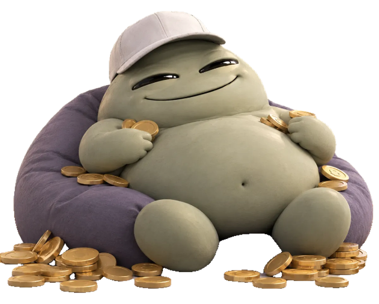 Fees the Ruler, a content green character reclining on a purple cushion among gold coins