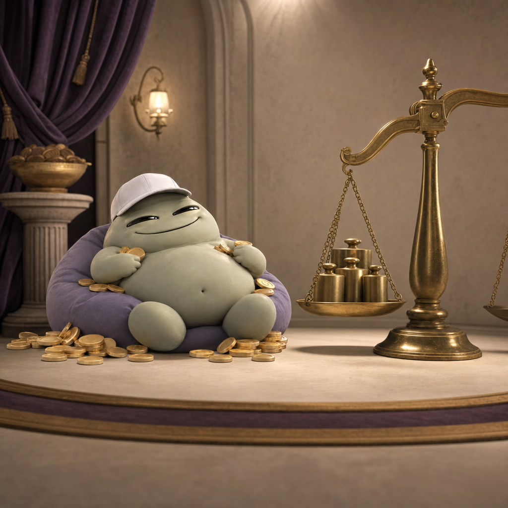 Fees the Ruler seated among gold coins in an ornate room beside a brass balance scale